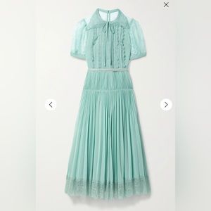SELF-PORTRAIT
Crystal-embellished pleated chiffon and lace dress Turquoise NWT